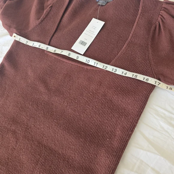 NWT French Connection Jaida Square Neck Puff Sleeve Sweater Dress Brown Ribbed - Picture 3 of 12